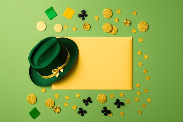 Photo a green hat with a gold ribbon and a yellow card on a green background.