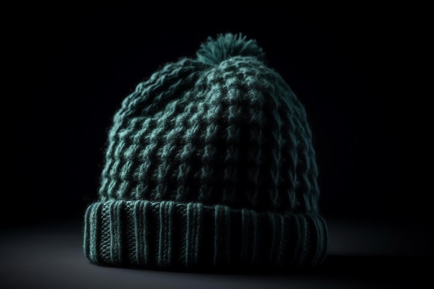 A green hat with a pom pom on it