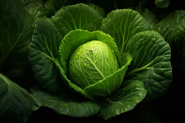 a green head of cabbage with water droplets on it