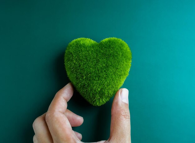 Green heart ball holding by hand close up Green grass heart shape green love Environment and sustainable planet protection Ecofriendly love nature world care and Happy Earth Day concept