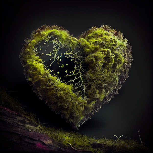 Green heart made of moss isolated on black background