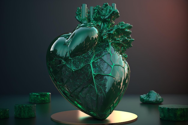 A green heart sits on a table with a green background.