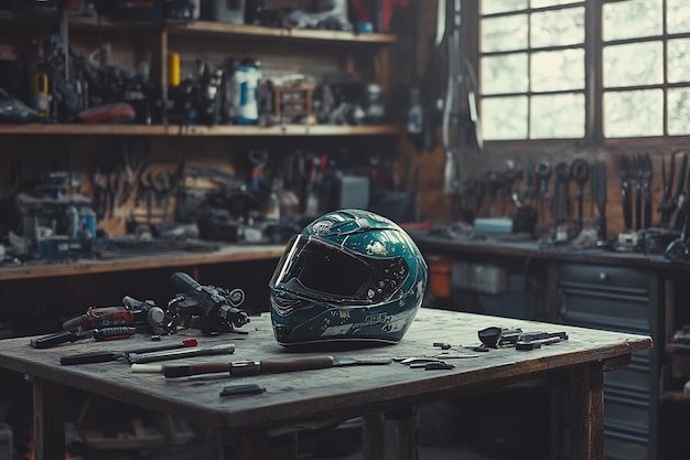 Photo a green helmet sits on a table in a room with other tools