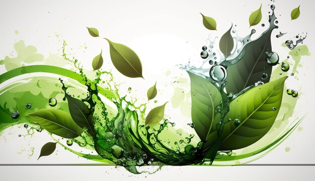 Green herbal tea wave splash with leaves flow