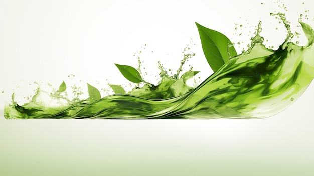 Green herbal tea wave splash with leaves flow