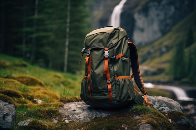 Green hiking backpack on a stone in the forest against the backdrop of a waterfall travel bag in nature Trip hike adventure tourism concept