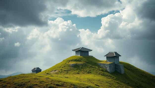 Photo the green hill has a house on the top of it