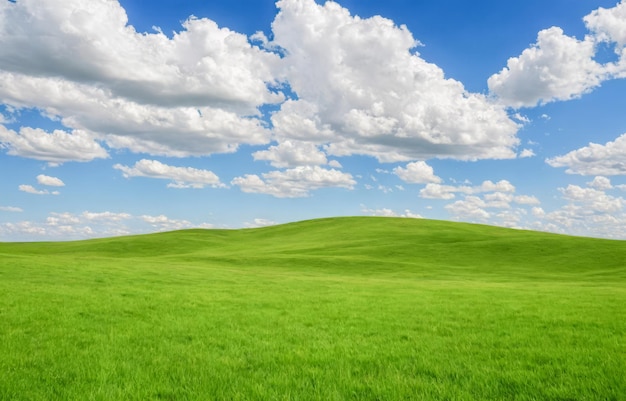 Photo green hill landscape under blue sky with white clouds serene nature background vibrant grass field clear weather day outdoor scenery for relaxation and peace