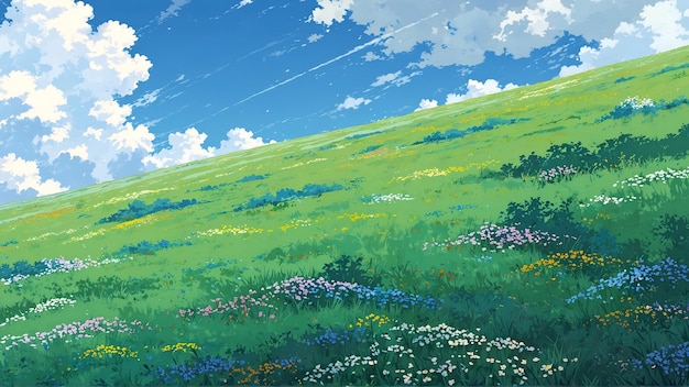 Green hill meadow with flowers landscape with sky and clouds background