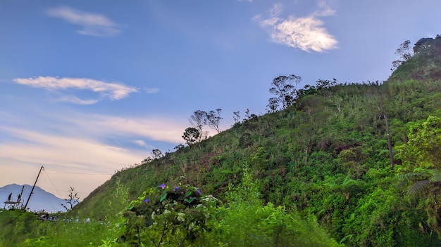 A green hill with blue sky and clouds