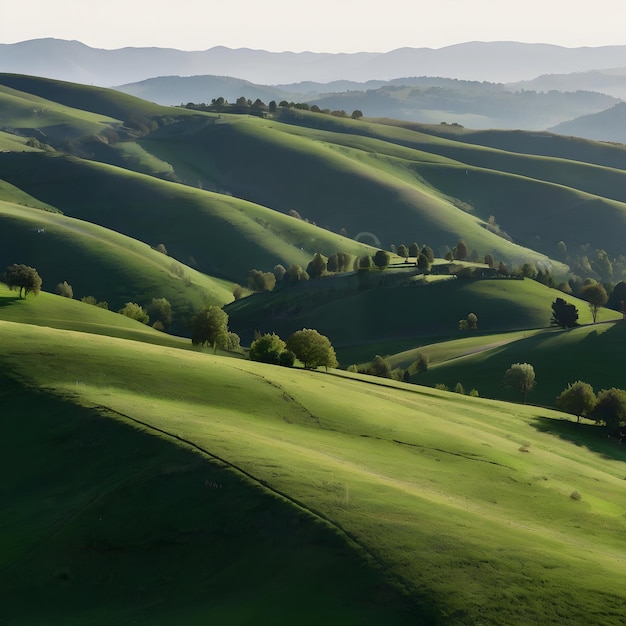 Photo a green hill with a green hill and a few trees in the background