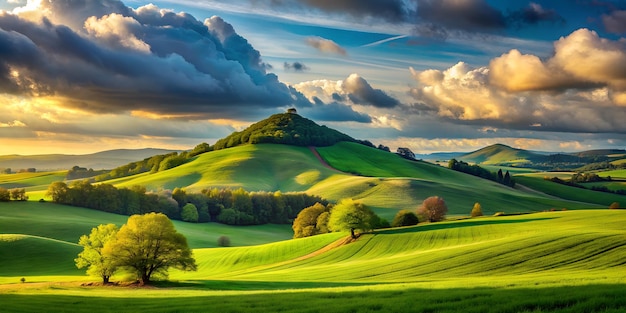 a green hill with a road that has a green hill and a sky with clouds