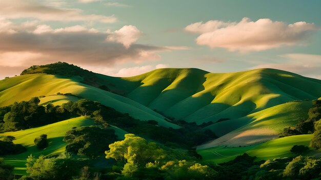 Photo a green hill with a sunset and clouds in the sky