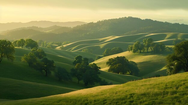 Photo a green hill with trees and hills in the background