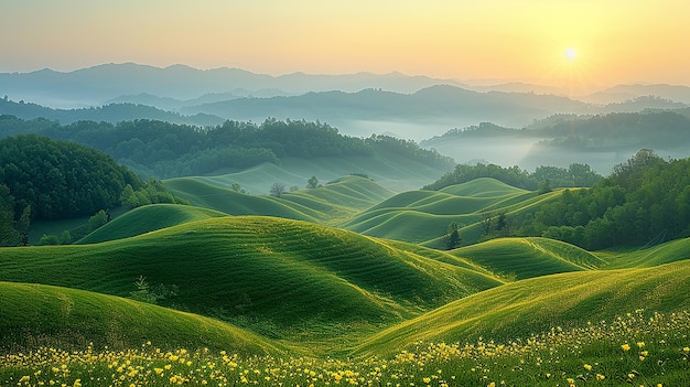 the green hills are covered in green grass with the sunrise in the background