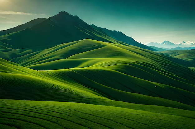 Green hills and mountains in the background