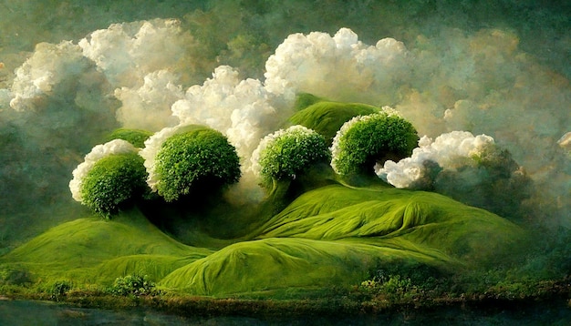 Green hills trees clouds and a river Fantastic cute landscape illustration