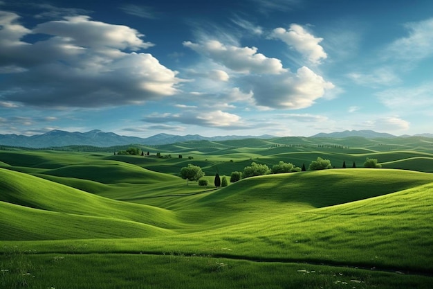 green hills with a blue sky and clouds