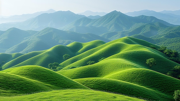 green hills with the mountains in the background