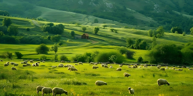 Green Hills with Sheep and a Cabin Realistic Photo