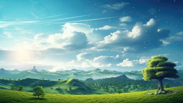 a green hills with trees and blue sky