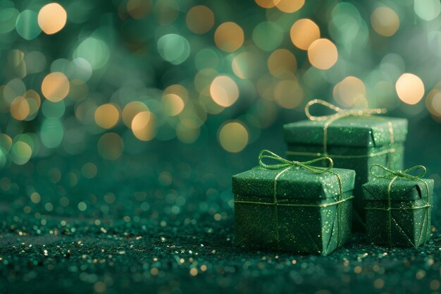 Photo green holiday gifts with sparkles