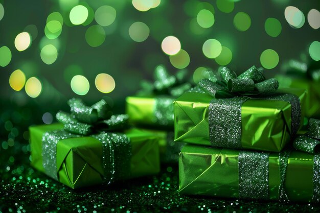 Photo green holiday gifts with sparkles