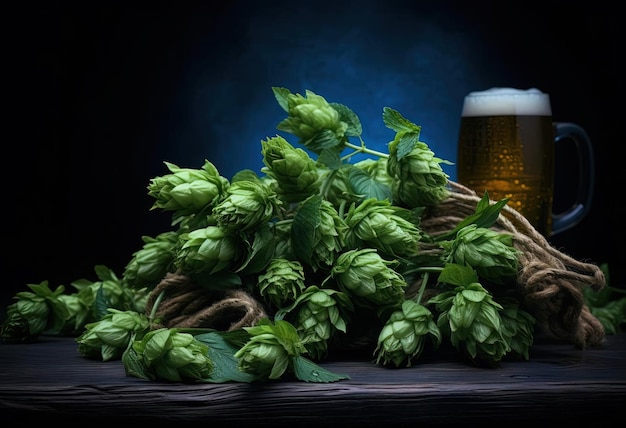 green hop heads and hops on a stone table in the style of dark skyblue and gold