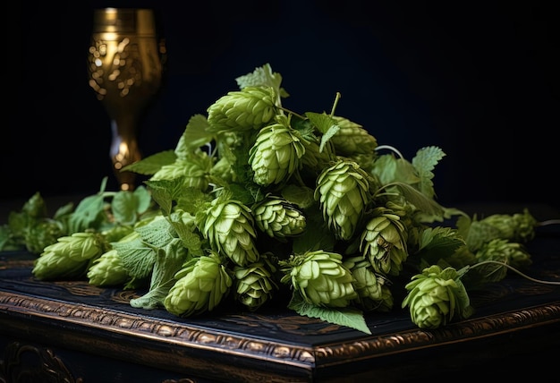 green hop heads and hops on a stone table in the style of dark skyblue and gold