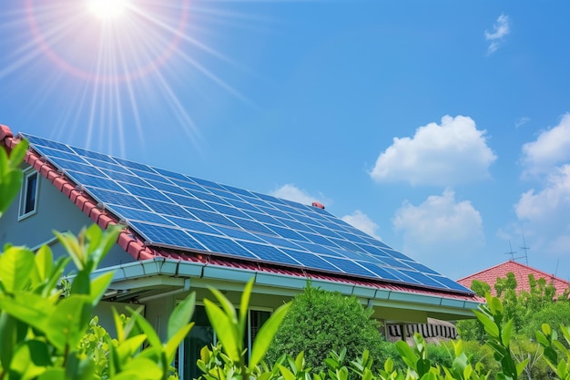 Green house community with solar panels on roof surrounded by rich plants and trees Zero carbon