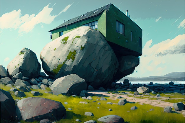 Green house on large boulders