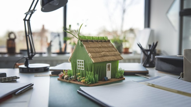 a green house with a green roof sits on a table