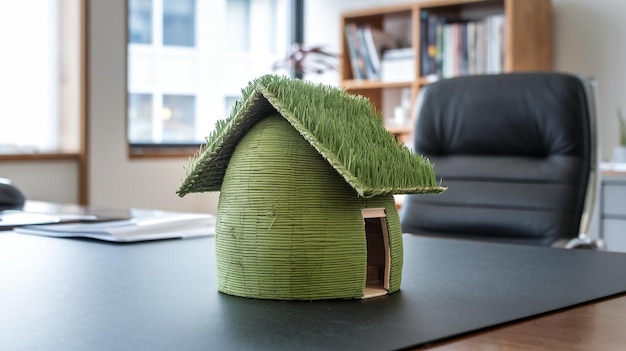 a green house with a green roof sits on a table