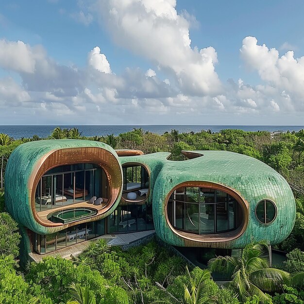 Photo a green house with a green roof sits on a tropical island