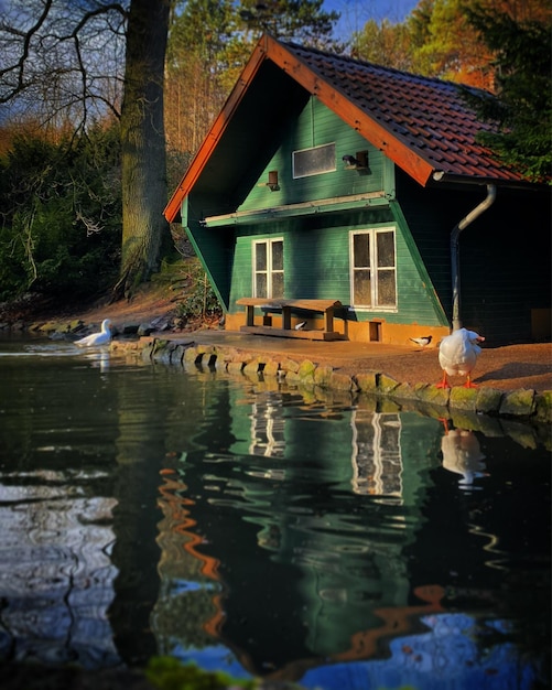 A green house with a red roof and a white bird on the front.