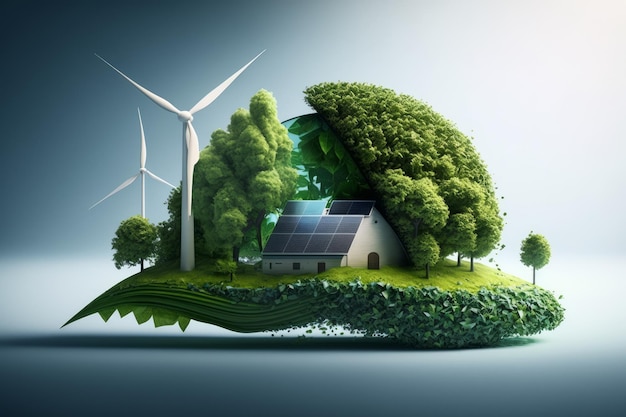 Green house with trees and wind turbines on it Generative AI