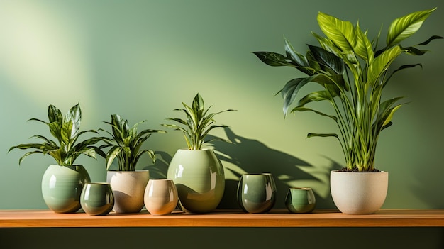 Green houseplants on table near light wall