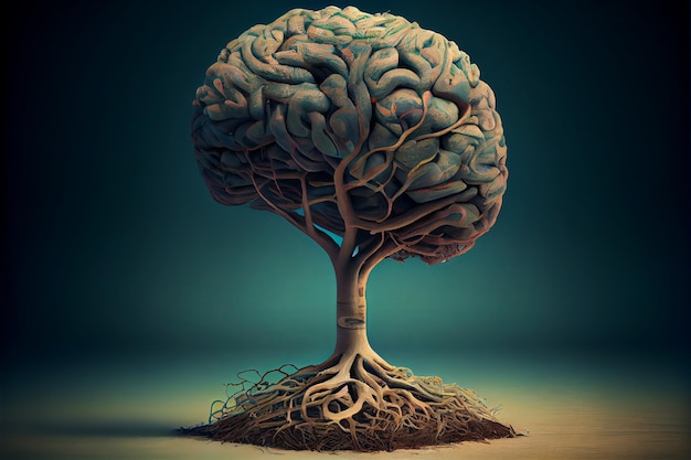 The green the human brain in the form of a tree isolated on dark blue background