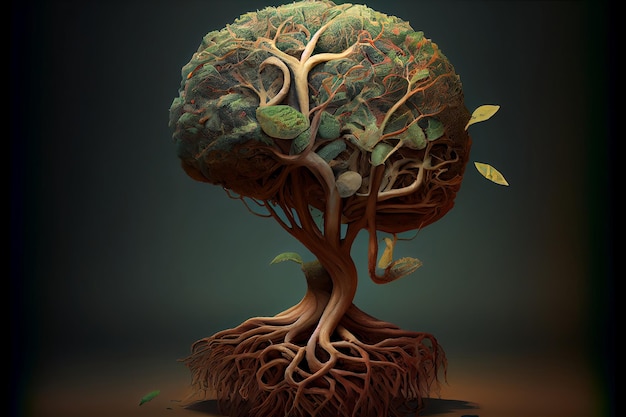 The green the human brain with leaves in the form of a tree isolated on dark green background