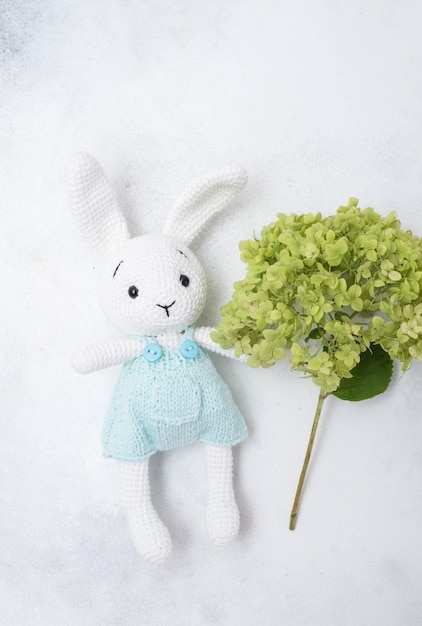 Green hydrangeas and homemade knitted toy hare on a light background Postcard