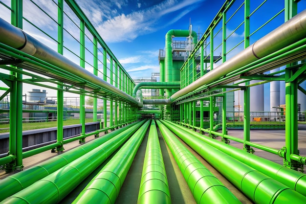 Green hydrogen energy pipeline of green color with industry facility