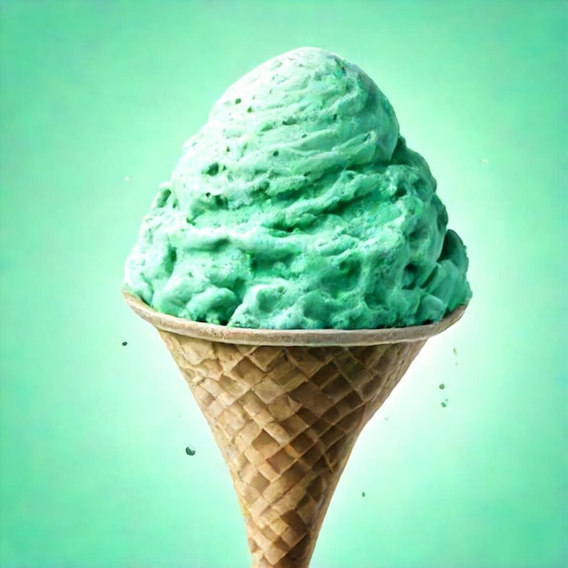 a green ice cream cone with a blue background