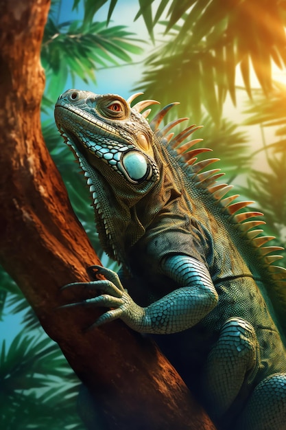 A green iguana is sitting on a tree branch