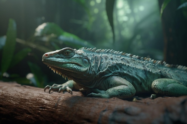 A green iguana sits on a branch in the jungle.