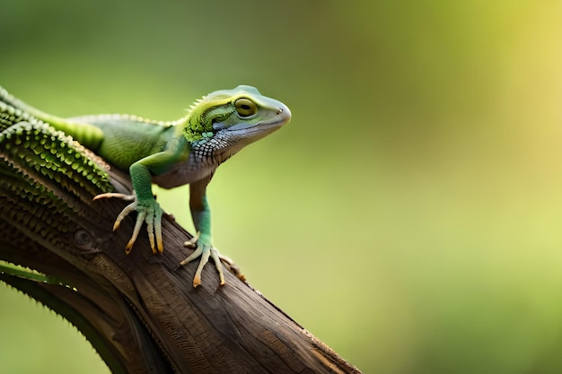 A green iguana sits on a branch with a blurred background.