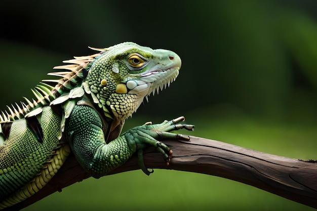 A green iguana sits on a branch.