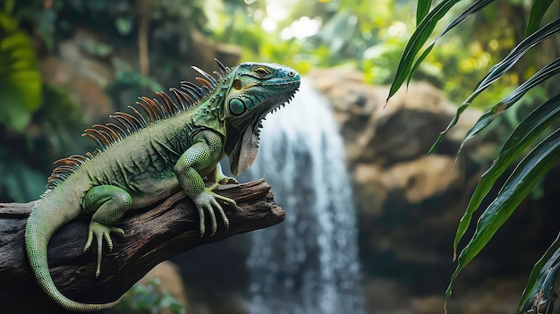 A green iguana sits on a tree branch with a waterfall in the background The iguana has a spiky back and a green scaly body