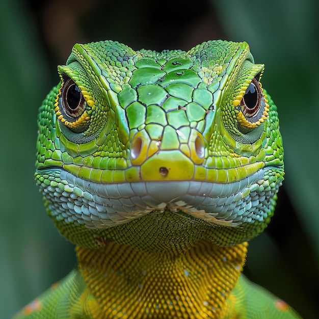 a green iguana with yellow eyes and a yellow and green head