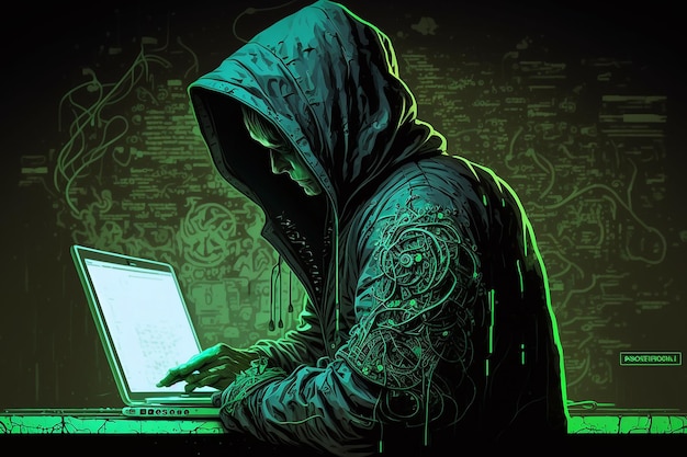 A green image of a hacker in a dark room with a laptop on the table.