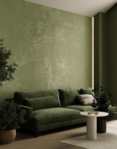 Green interior with sofa and decor 3d render illustration mockup